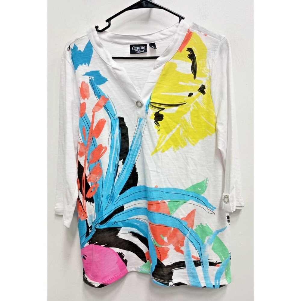 Onque Casual Womens Top Size Large Wearable‎ Art Abstract 3/4 Sleeve Casual